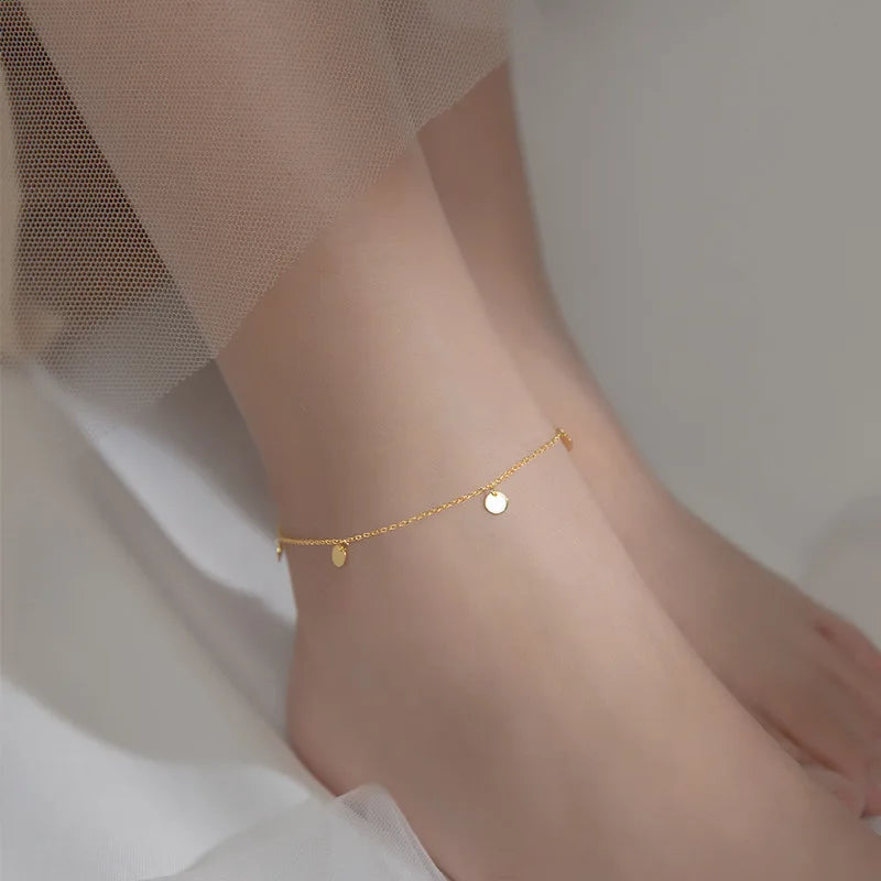 WOOZU Genuine 925 Sterling Silver Cute Glossy Small Round Disc Anklet For Women Personality Korean Fashion Foot Leg Jewelry Gift