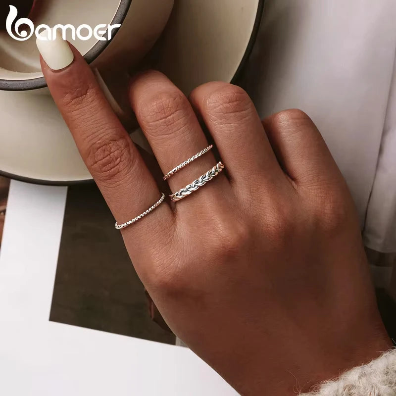 BAMOER Solid 925 Sterling Silver Eternity Bead Wedding Band Ring, Minimalist Thin Chic Statement Band Ring Comfort Fit