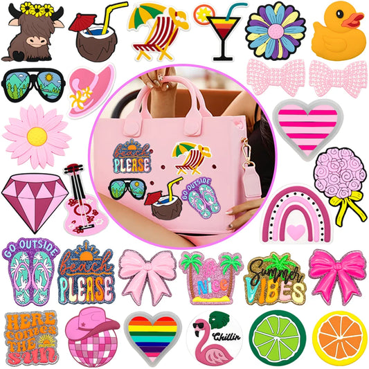 1/7PCS Pink Heart Bow Bag Charm Decoration,Summer Casual Style Handbag Accessories,Pink Flower Fiddle Hat Charms for Bags