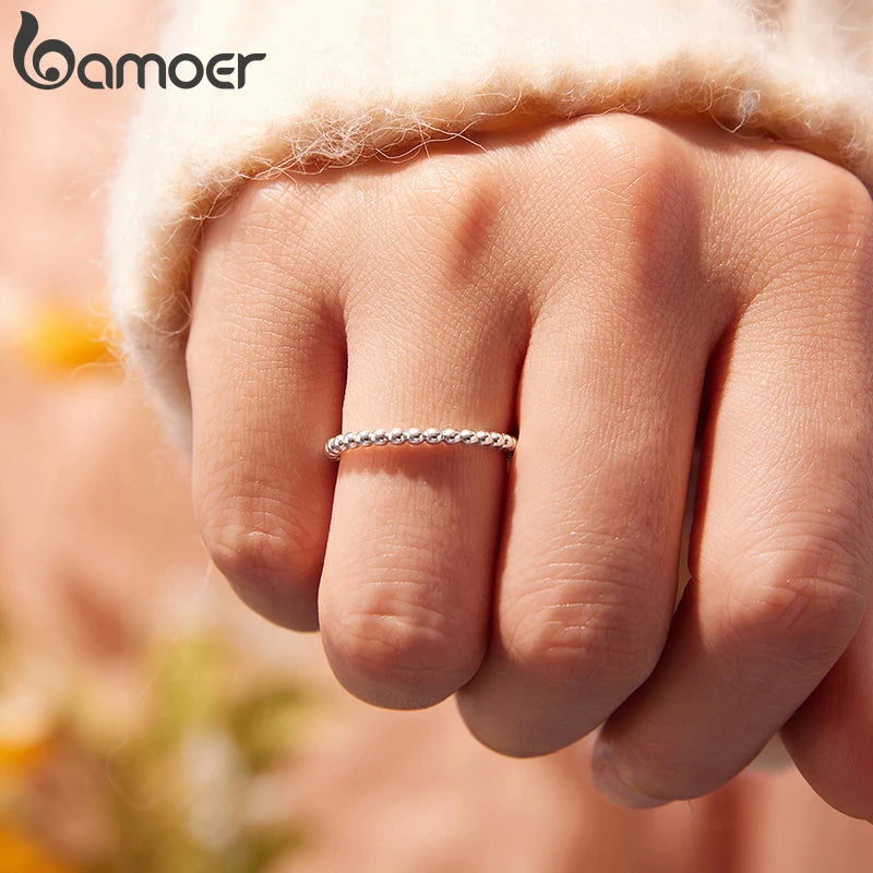BAMOER Solid 925 Sterling Silver Eternity Bead Wedding Band Ring, Minimalist Thin Chic Statement Band Ring Comfort Fit
