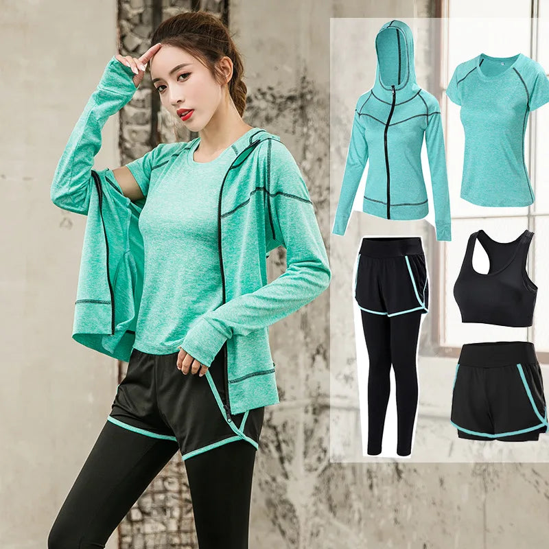 Sports 5pcs Running Set Women Sports Suit Yoga Tights Quick Dry Jogging Sportswear Workout Gym Fitness Running Tracksuit Clothes