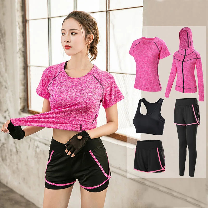 Sports 5pcs Running Set Women Sports Suit Yoga Tights Quick Dry Jogging Sportswear Workout Gym Fitness Running Tracksuit Clothes