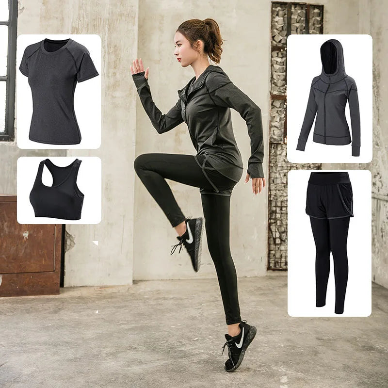 Sports 5pcs Running Set Women Sports Suit Yoga Tights Quick Dry Jogging Sportswear Workout Gym Fitness Running Tracksuit Clothes
