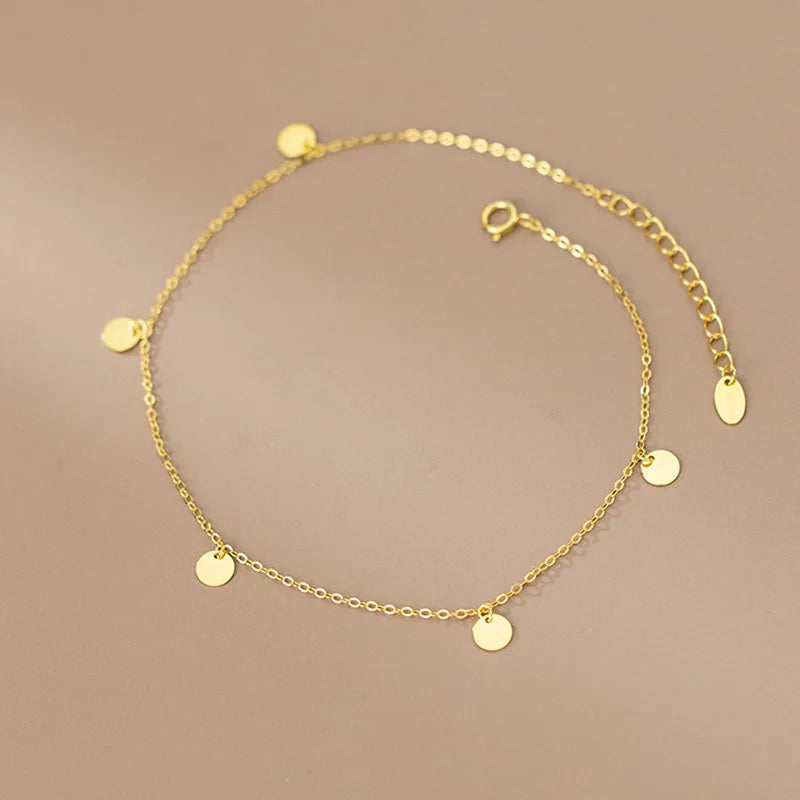 WOOZU Genuine 925 Sterling Silver Cute Glossy Small Round Disc Anklet For Women Personality Korean Fashion Foot Leg Jewelry Gift