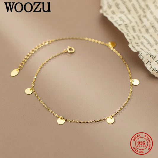 WOOZU Genuine 925 Sterling Silver Cute Glossy Small Round Disc Anklet For Women Personality Korean Fashion Foot Leg Jewelry Gift