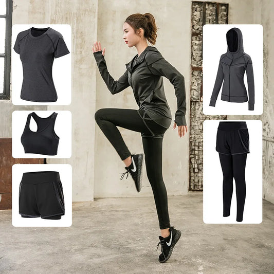 Sports 5pcs Running Set Women Sports Suit Yoga Tights Quick Dry Jogging Sportswear Workout Gym Fitness Running Tracksuit Clothes