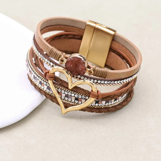 Metal Love Heart Charm Leather Bracelets for Women Fashion Bohemian Rhinestone Resin Wrap Bracelet Cuff Bangle Couple Jewelry