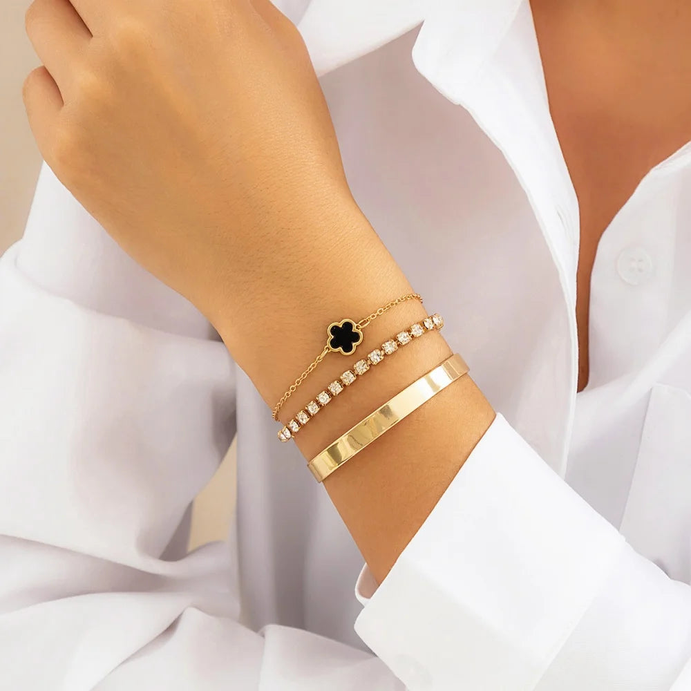 MEDFOLY 3Pcs 14K Gold Plated Lucky Flower Bracelet Set Stainless steel Crystal Zircon Tennis Bangle Hand Chains for Lover Gifts