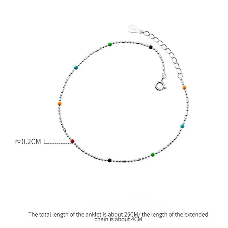 S925 Sterling Silver Colorful Round Beads Anklet Foot Jewelry for Women