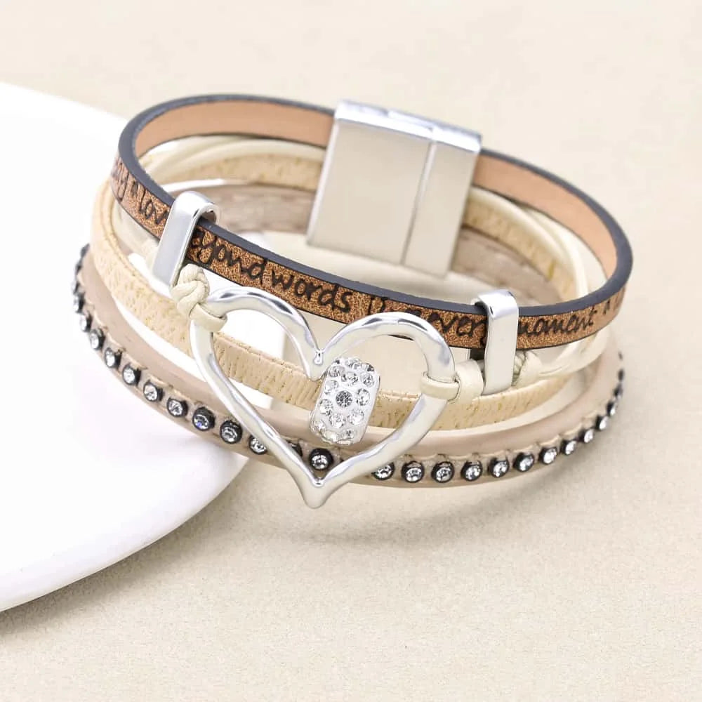 Metal Love Heart Charm Leather Bracelets for Women Fashion Bohemian Rhinestone Resin Wrap Bracelet Cuff Bangle Couple Jewelry