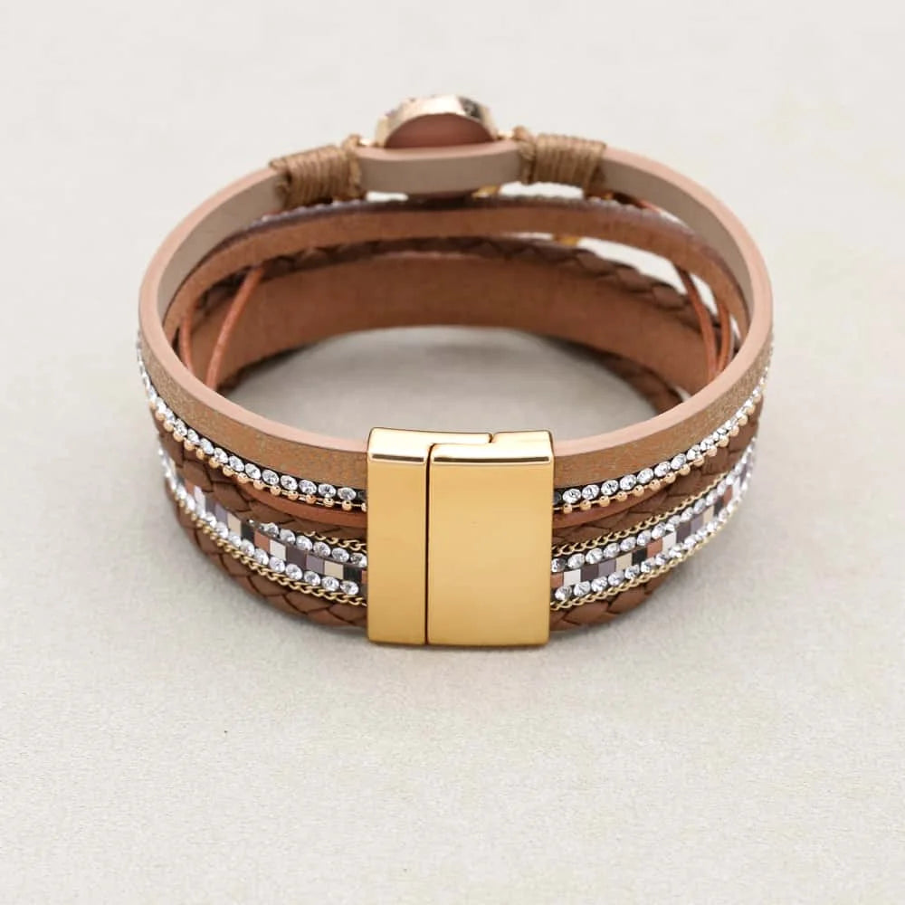 Metal Love Heart Charm Leather Bracelets for Women Fashion Bohemian Rhinestone Resin Wrap Bracelet Cuff Bangle Couple Jewelry