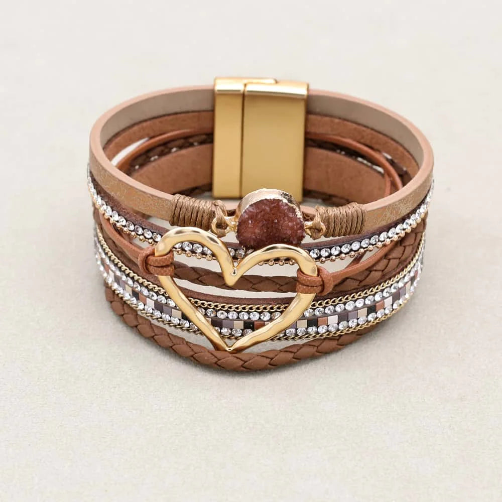 Metal Love Heart Charm Leather Bracelets for Women Fashion Bohemian Rhinestone Resin Wrap Bracelet Cuff Bangle Couple Jewelry