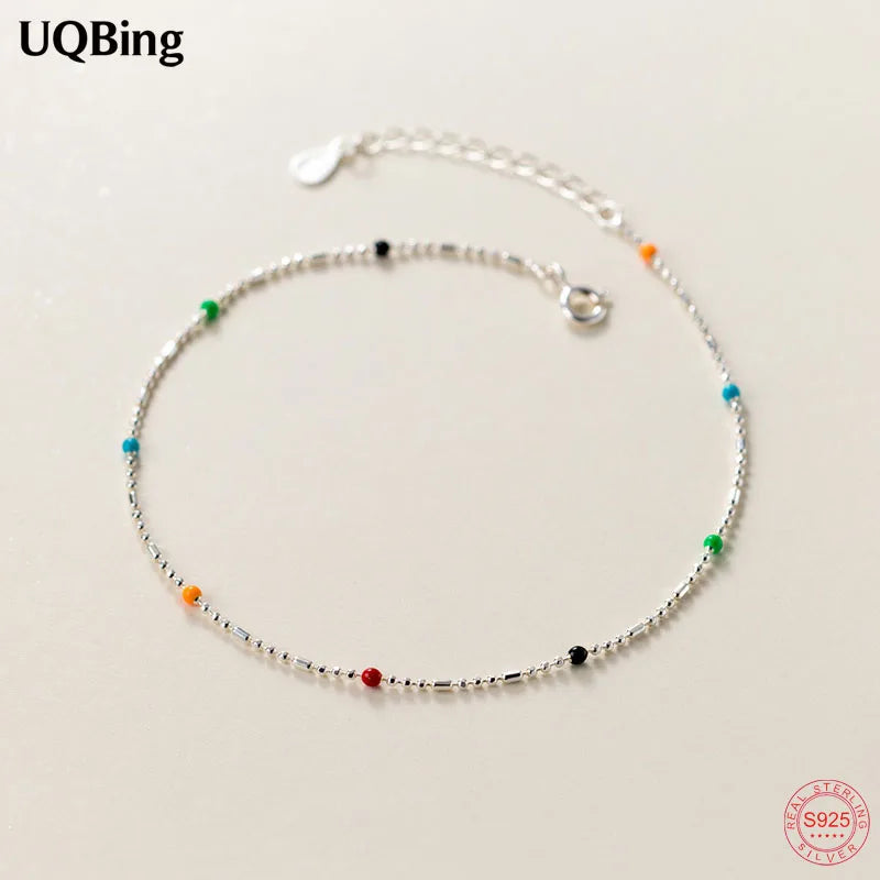 S925 Sterling Silver Colorful Round Beads Anklet Foot Jewelry for Women