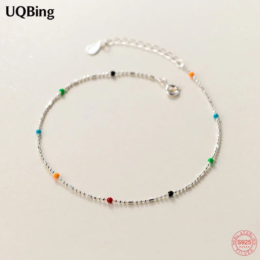 S925 Sterling Silver Colorful Round Beads Anklet Foot Jewelry for Women
