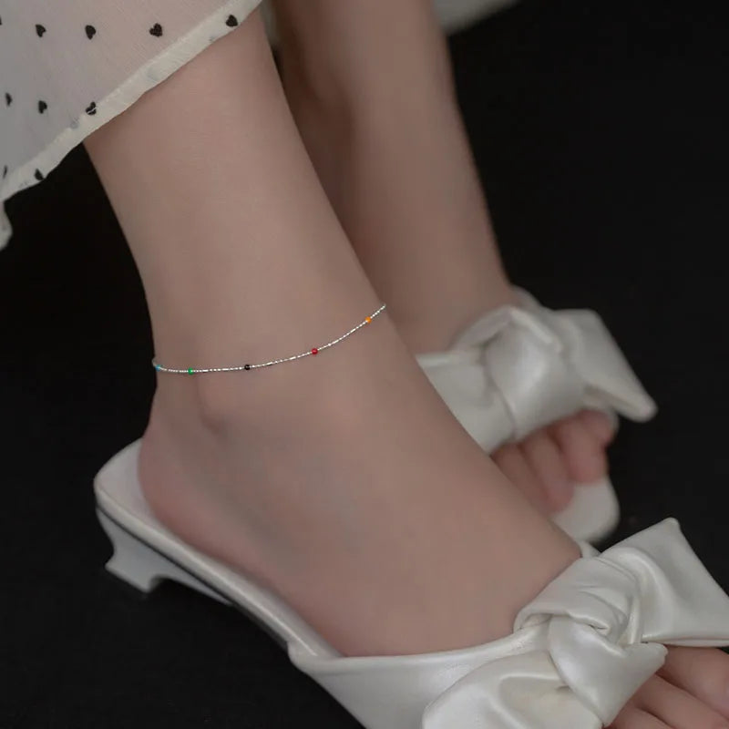 S925 Sterling Silver Colorful Round Beads Anklet Foot Jewelry for Women