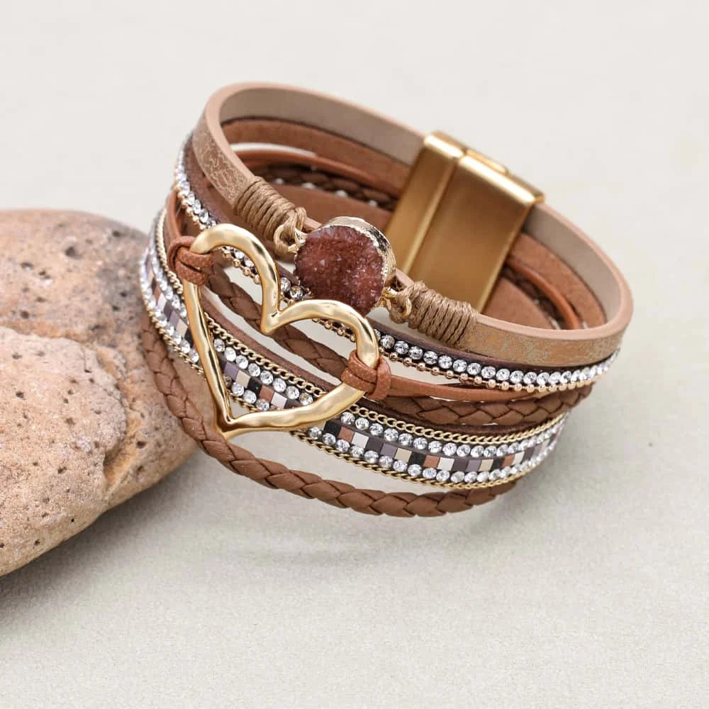 Metal Love Heart Charm Leather Bracelets for Women Fashion Bohemian Rhinestone Resin Wrap Bracelet Cuff Bangle Couple Jewelry