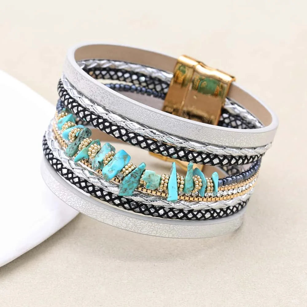 Metal Love Heart Charm Leather Bracelets for Women Fashion Bohemian Rhinestone Resin Wrap Bracelet Cuff Bangle Couple Jewelry