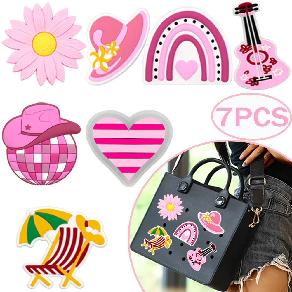 1/7PCS Pink Heart Bow Bag Charm Decoration,Summer Casual Style Handbag Accessories,Pink Flower Fiddle  Hat Charms for Bags