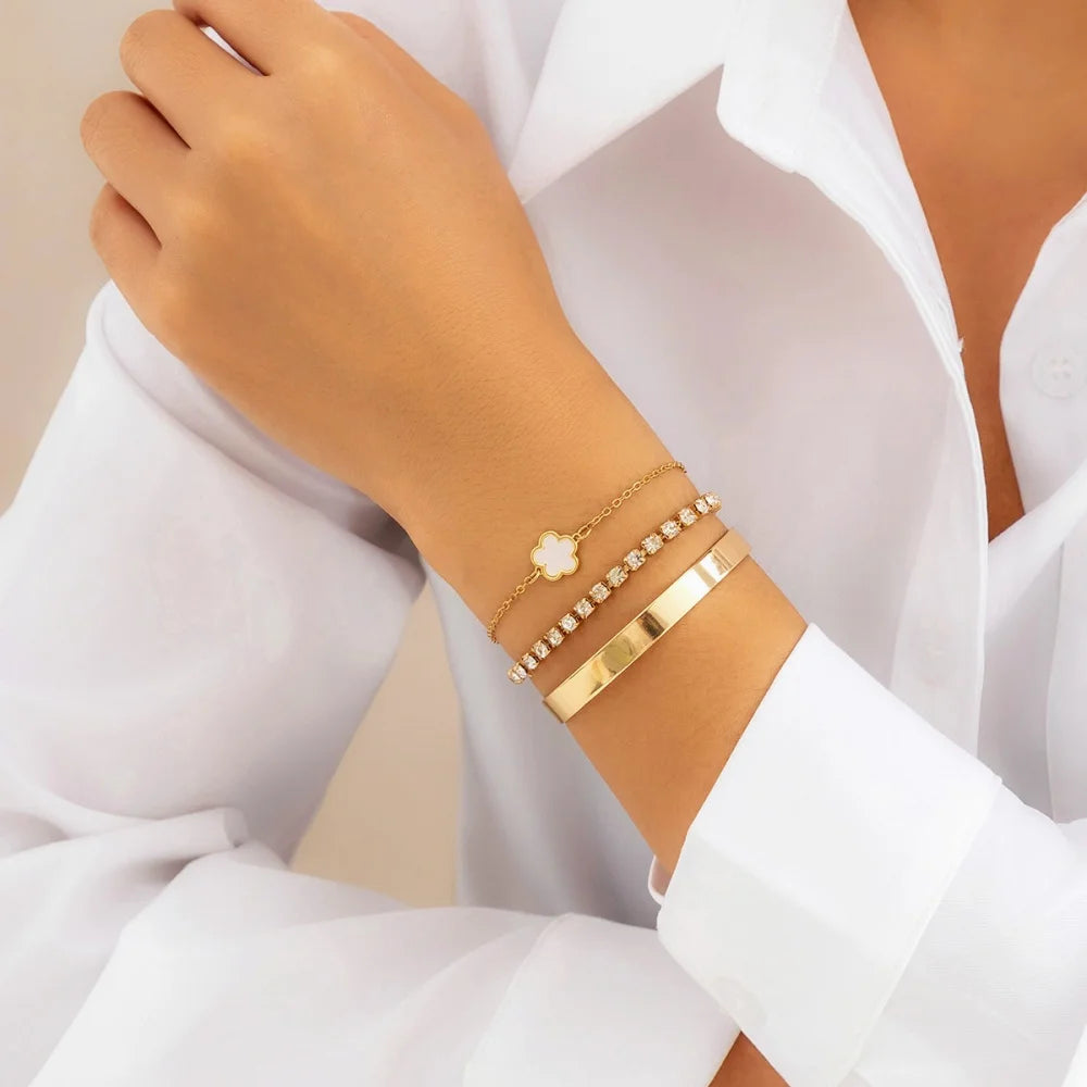 MEDFOLY 3Pcs 14K Gold Plated Lucky Flower Bracelet Set Stainless steel Crystal Zircon Tennis Bangle Hand Chains for Lover Gifts