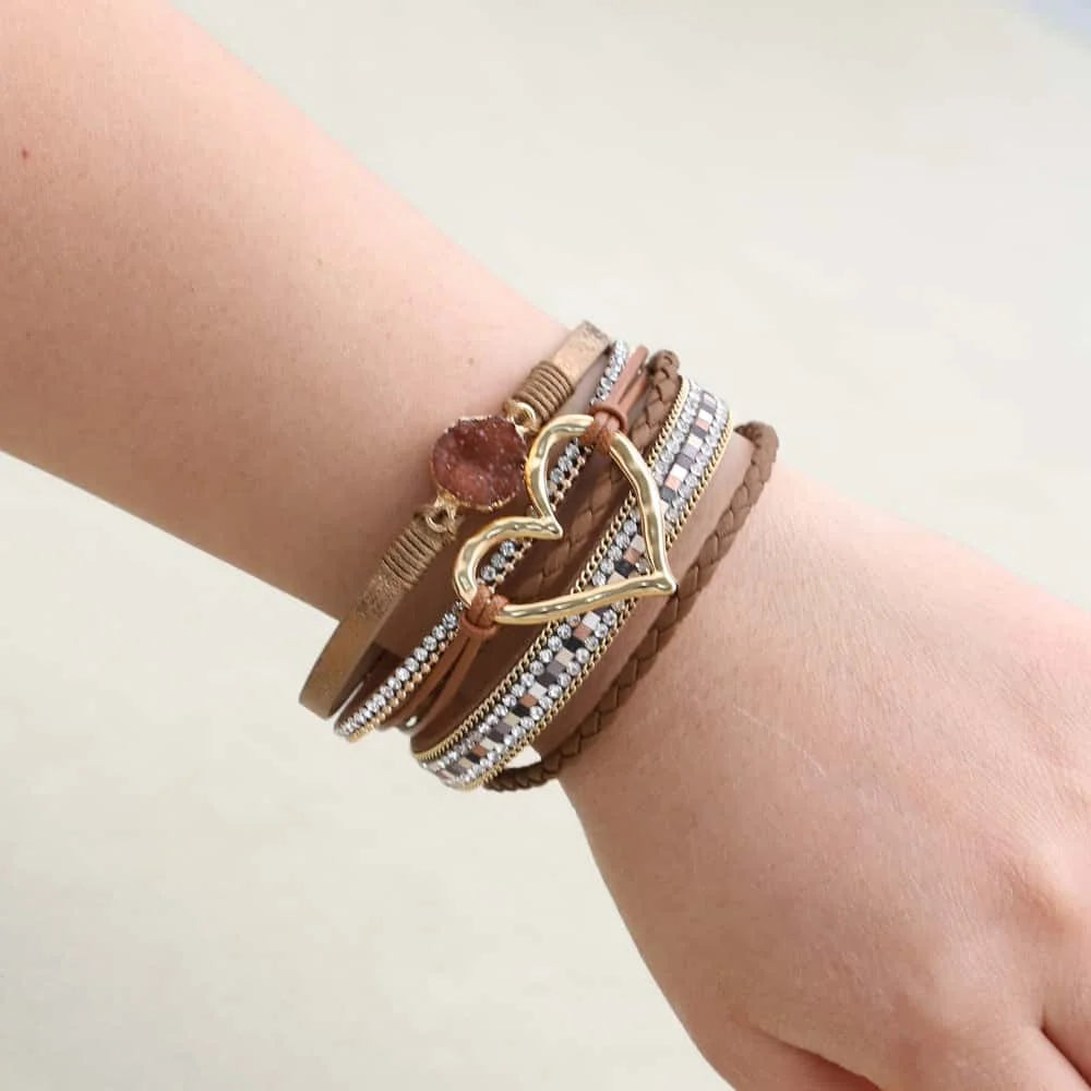 Metal Love Heart Charm Leather Bracelets for Women Fashion Bohemian Rhinestone Resin Wrap Bracelet Cuff Bangle Couple Jewelry
