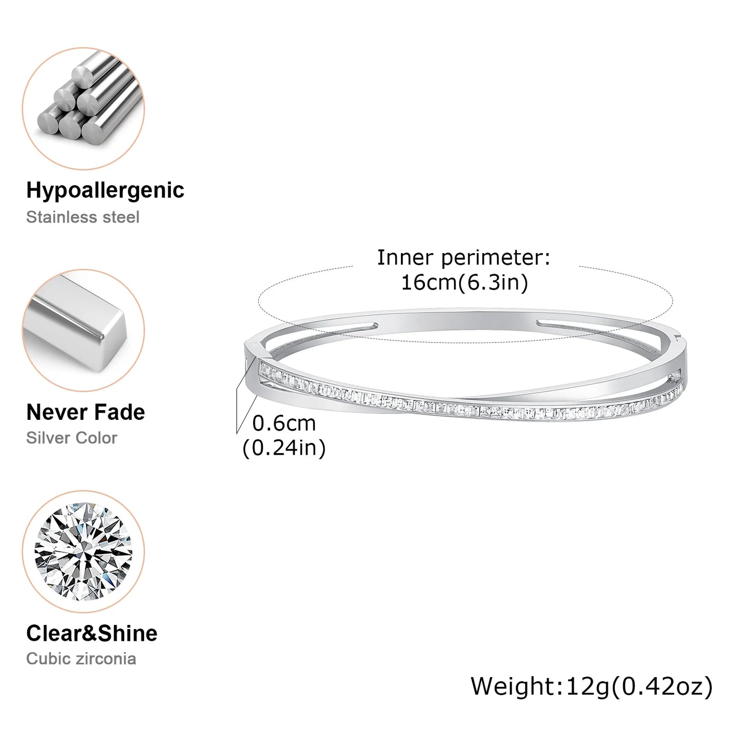 Stainless Steel Zircon Openable Bracelet for Women Girls Silver Color Simple Trendy Wrist Bracelets Jewelry Gifts