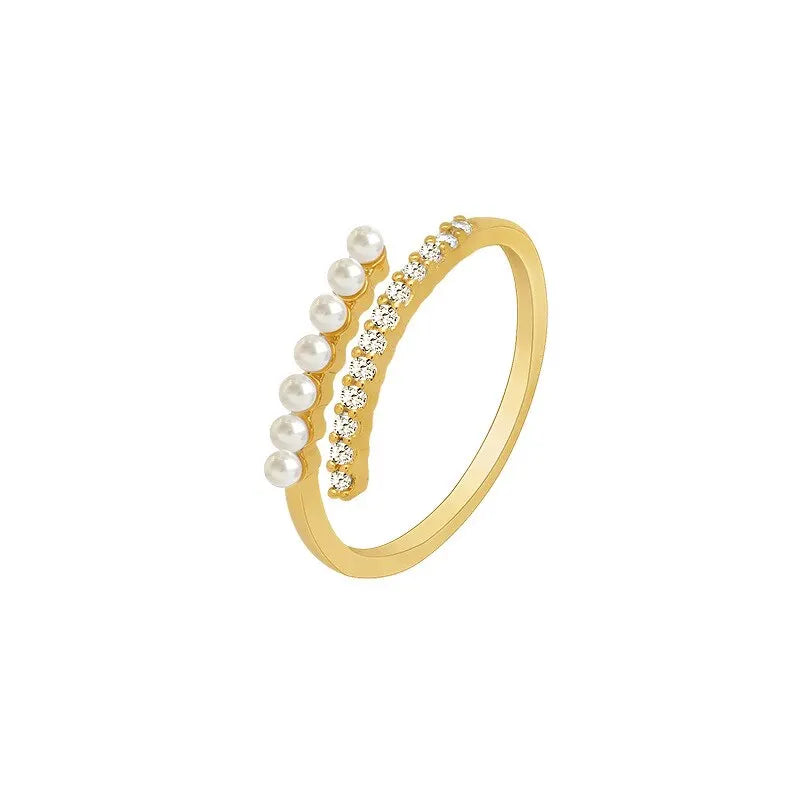 Light Luxury Micro Rhinestone Rings for Woman Gold-color Elegant Simulated Pearl Open Ring Party Wedding Stackable Ring Jewelry