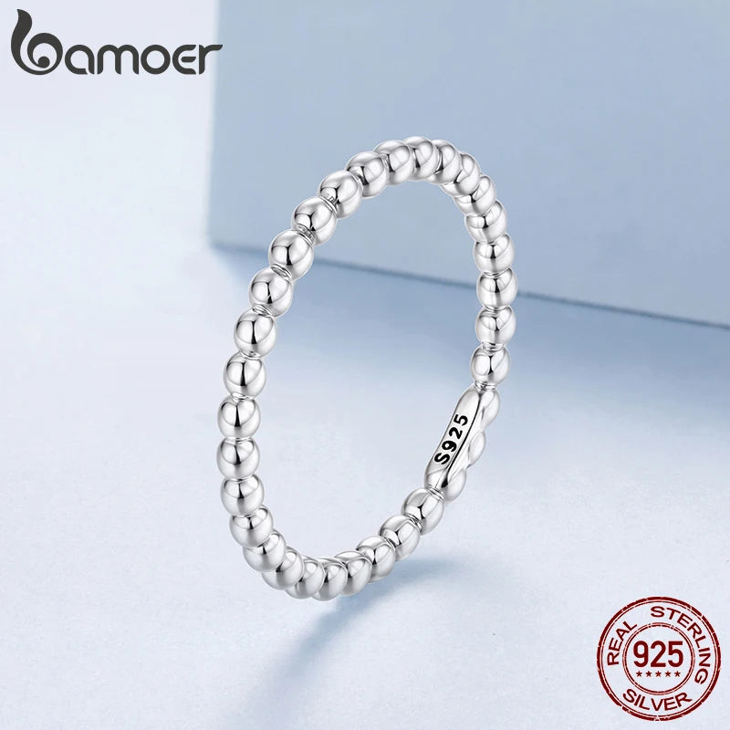 BAMOER Solid 925 Sterling Silver Eternity Bead Wedding Band Ring, Minimalist Thin Chic Statement Band Ring Comfort Fit