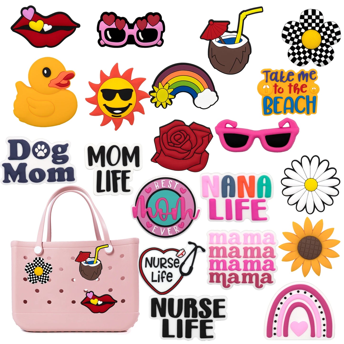 1pcs Rose MOM Lift Charms For Beach Bag Accessories Sunflower Rainbow Handbag Decoration Beach Duck Tote Bag Accessories