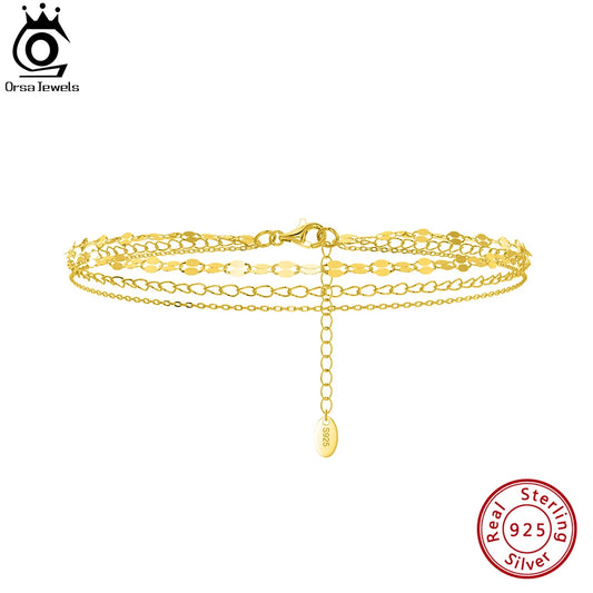 ORSA JEWELS 14K Gold 925 Sterling Silver Layered Chain Anklet for Women Girls Summer Beach Foot Chain Ankle Straps Jewelry SA58