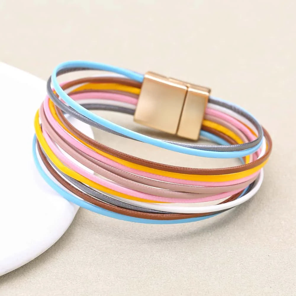 Metal Love Heart Charm Leather Bracelets for Women Fashion Bohemian Rhinestone Resin Wrap Bracelet Cuff Bangle Couple Jewelry