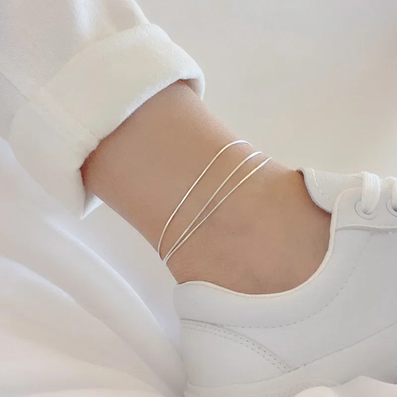 New Arrival Fashion 925 Sterling Ladies Silver three layer Anklet Bracelet For Women Jewelry