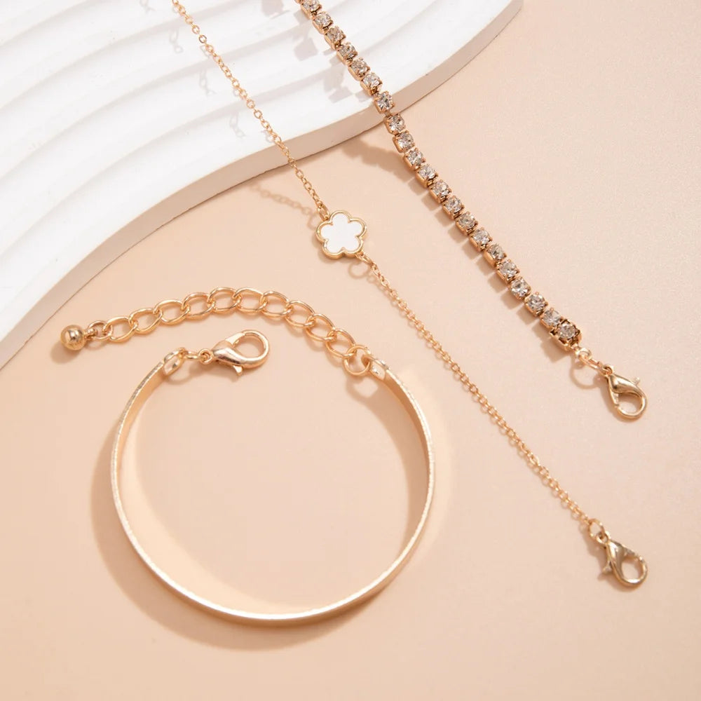 MEDFOLY 3Pcs 14K Gold Plated Lucky Flower Bracelet Set Stainless steel Crystal Zircon Tennis Bangle Hand Chains for Lover Gifts