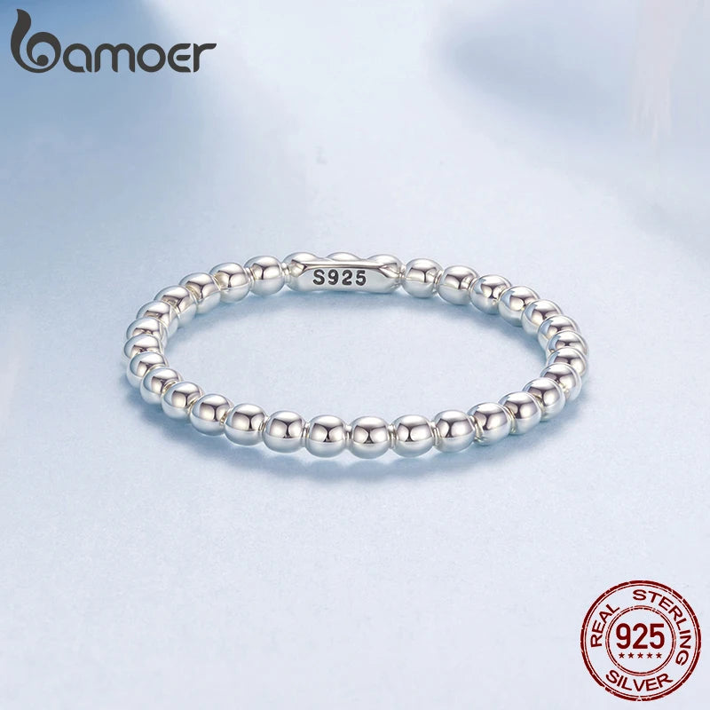 BAMOER Solid 925 Sterling Silver Eternity Bead Wedding Band Ring, Minimalist Thin Chic Statement Band Ring Comfort Fit