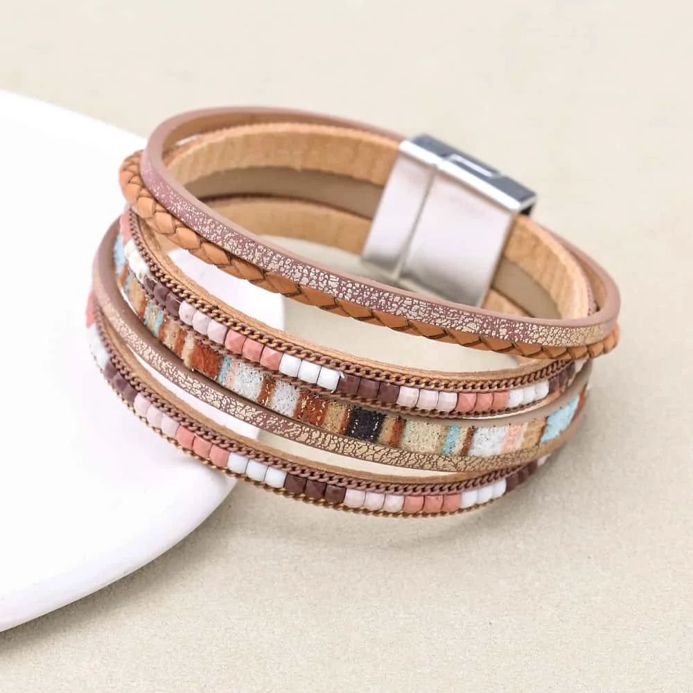 Metal Love Heart Charm Leather Bracelets for Women Fashion Bohemian Rhinestone Resin Wrap Bracelet Cuff Bangle Couple Jewelry
