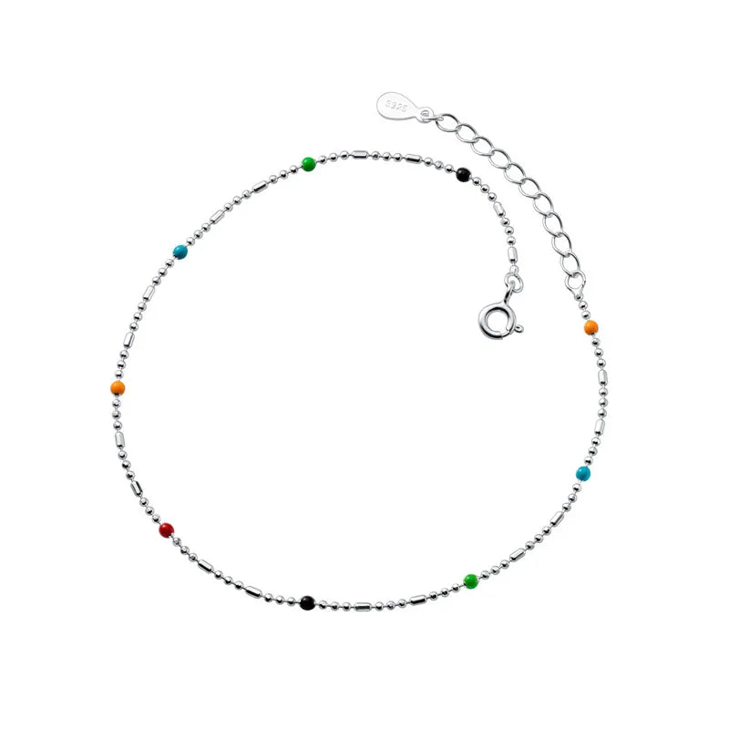 S925 Sterling Silver Colorful Round Beads Anklet Foot Jewelry for Women