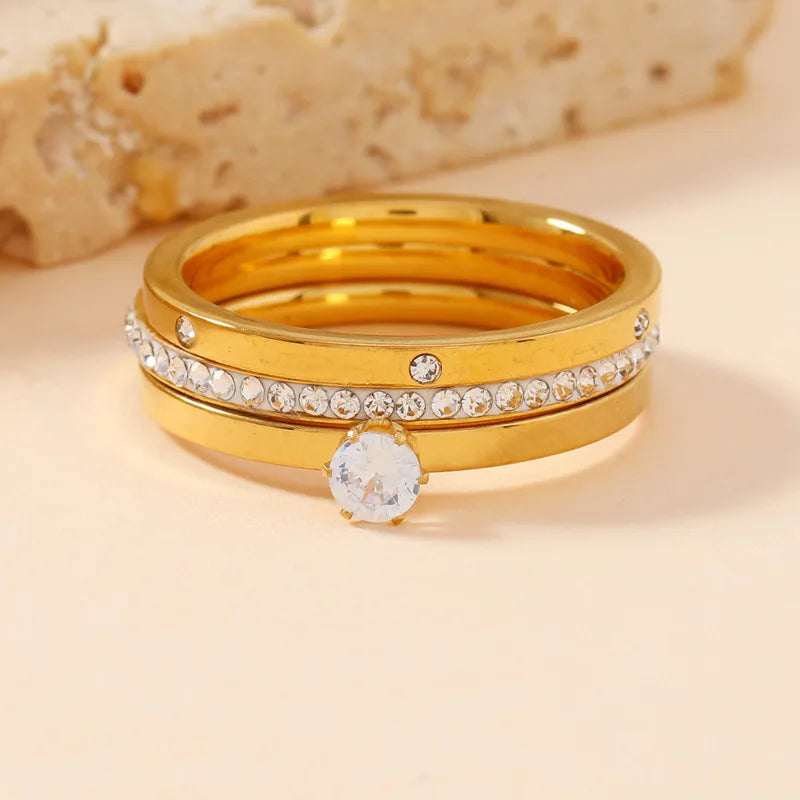 Luxury Stainless Steel Ring For Women Three-Piece Set Zircon Classic Fashion Finger Accessory Jewelry Female Gifts