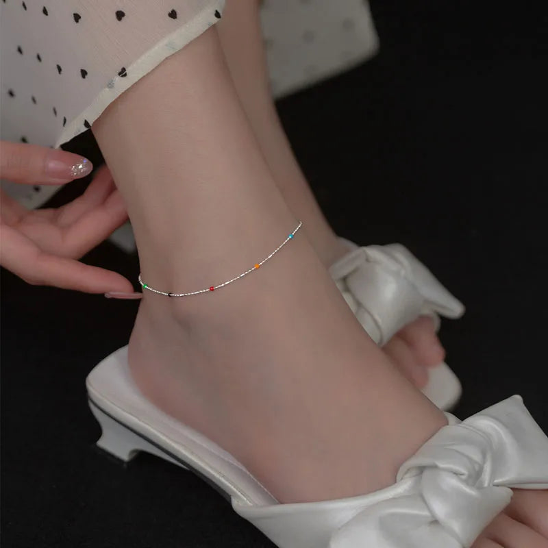 S925 Sterling Silver Colorful Round Beads Anklet Foot Jewelry for Women