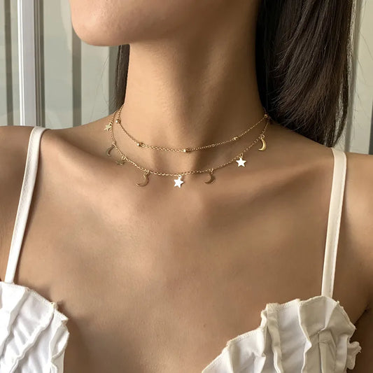 Star & Moon Pendant Bead Choker Necklace for Women Fashion Double Layers Minimalist Vintage Necklace Collier Femme 2023