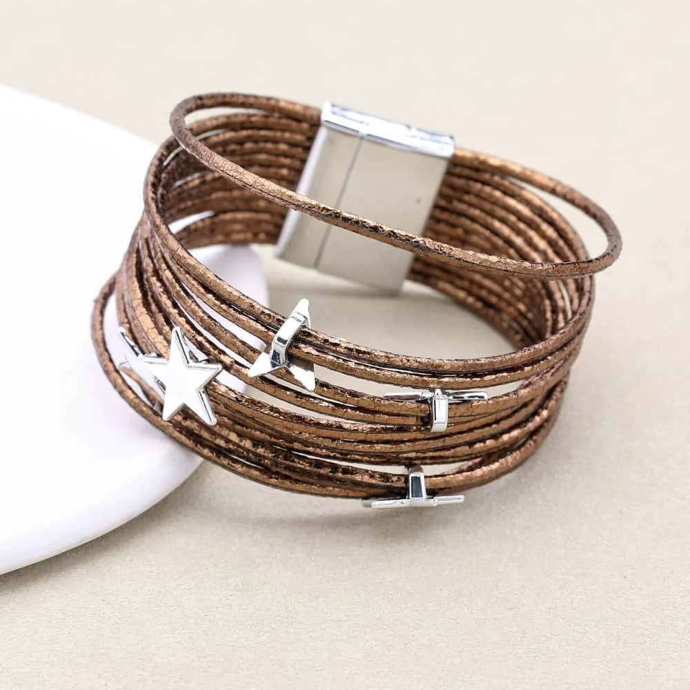 Metal Love Heart Charm Leather Bracelets for Women Fashion Bohemian Rhinestone Resin Wrap Bracelet Cuff Bangle Couple Jewelry