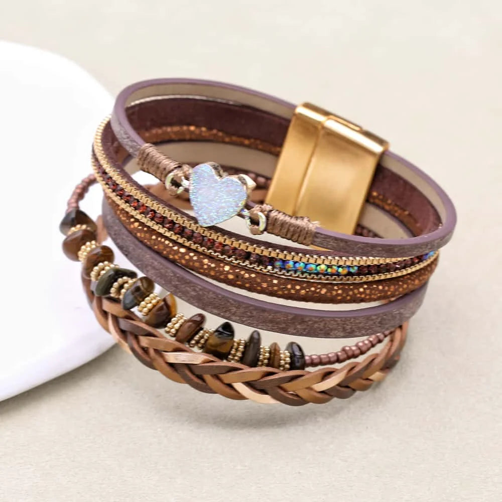 Metal Love Heart Charm Leather Bracelets for Women Fashion Bohemian Rhinestone Resin Wrap Bracelet Cuff Bangle Couple Jewelry
