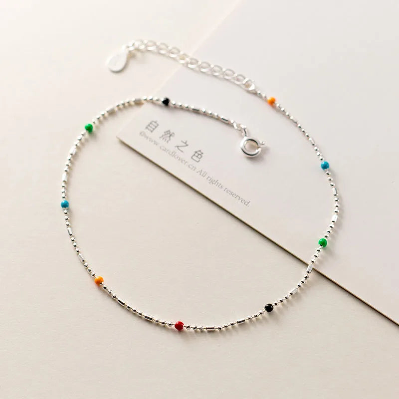 S925 Sterling Silver Colorful Round Beads Anklet Foot Jewelry for Women
