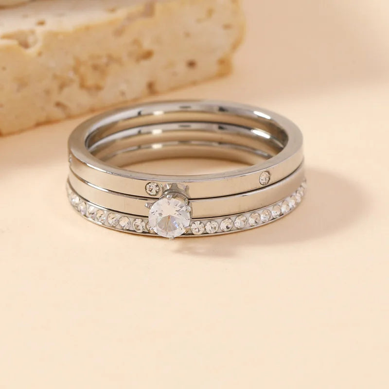 Luxury Stainless Steel Ring For Women Three-Piece Set Zircon Classic Fashion Finger Accessory Jewelry Female Gifts