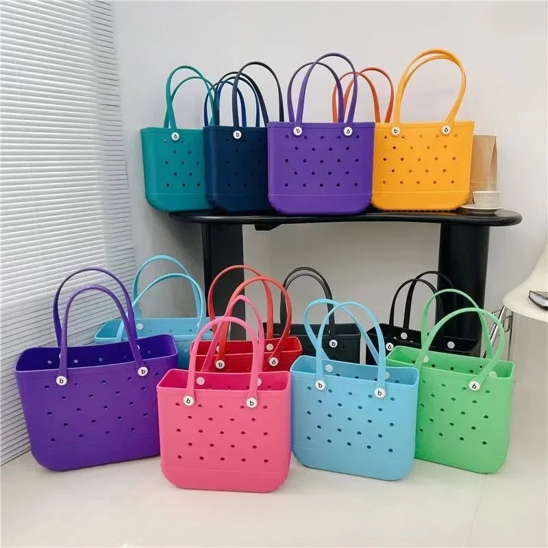 M/L/XL Beach Bag Fashion EVA Waterproof Rubber Picnic Storage Basket Travel Shopping Handbag Women Shoulder Solid Color Tote Bag