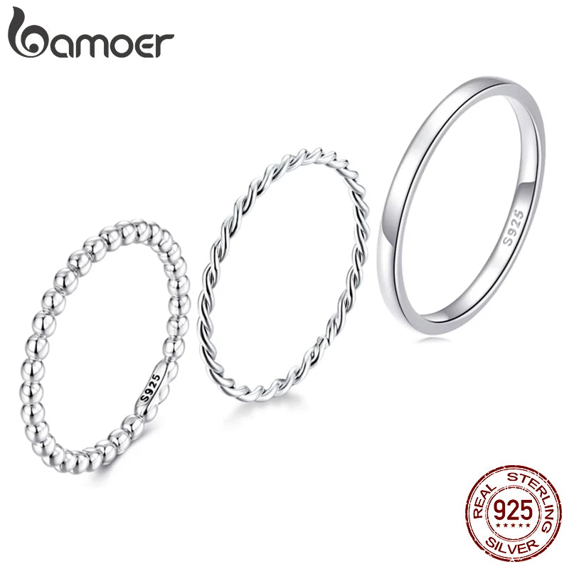 BAMOER Solid 925 Sterling Silver Eternity Bead Wedding Band Ring, Minimalist Thin Chic Statement Band Ring Comfort Fit