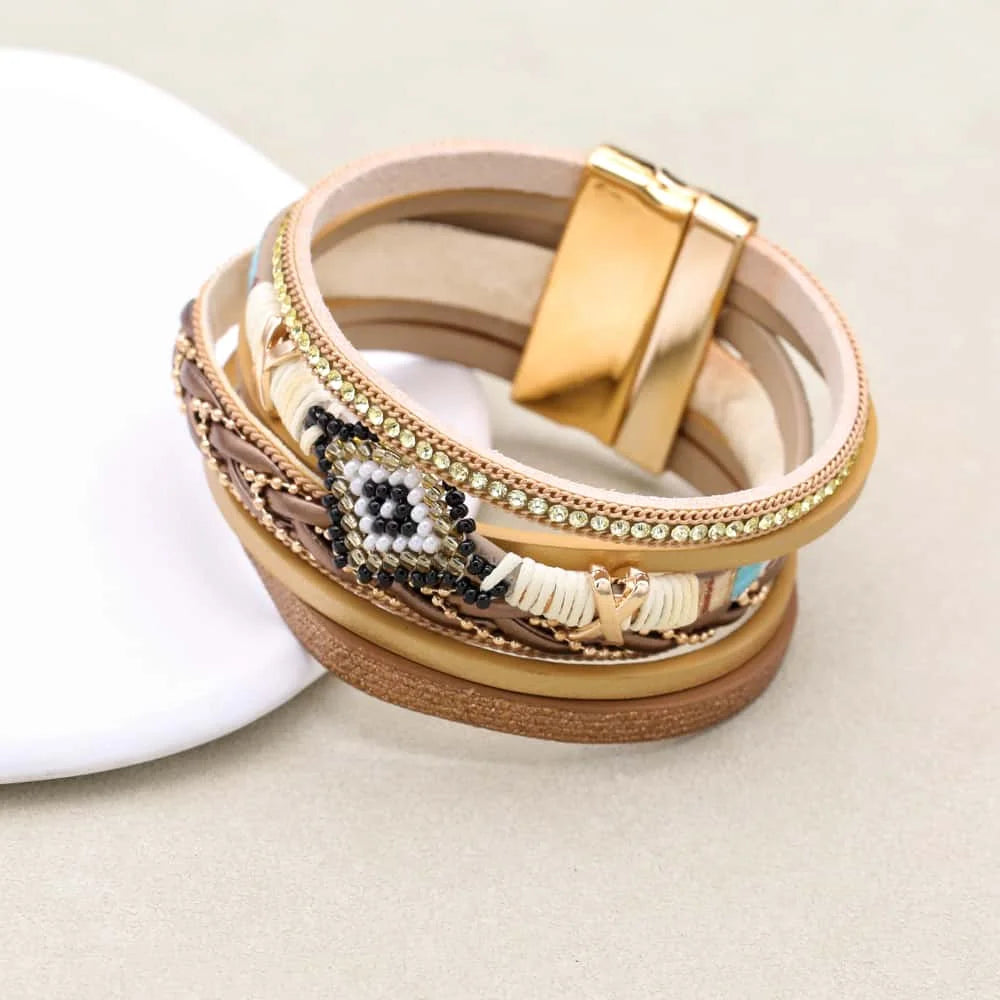 Metal Love Heart Charm Leather Bracelets for Women Fashion Bohemian Rhinestone Resin Wrap Bracelet Cuff Bangle Couple Jewelry