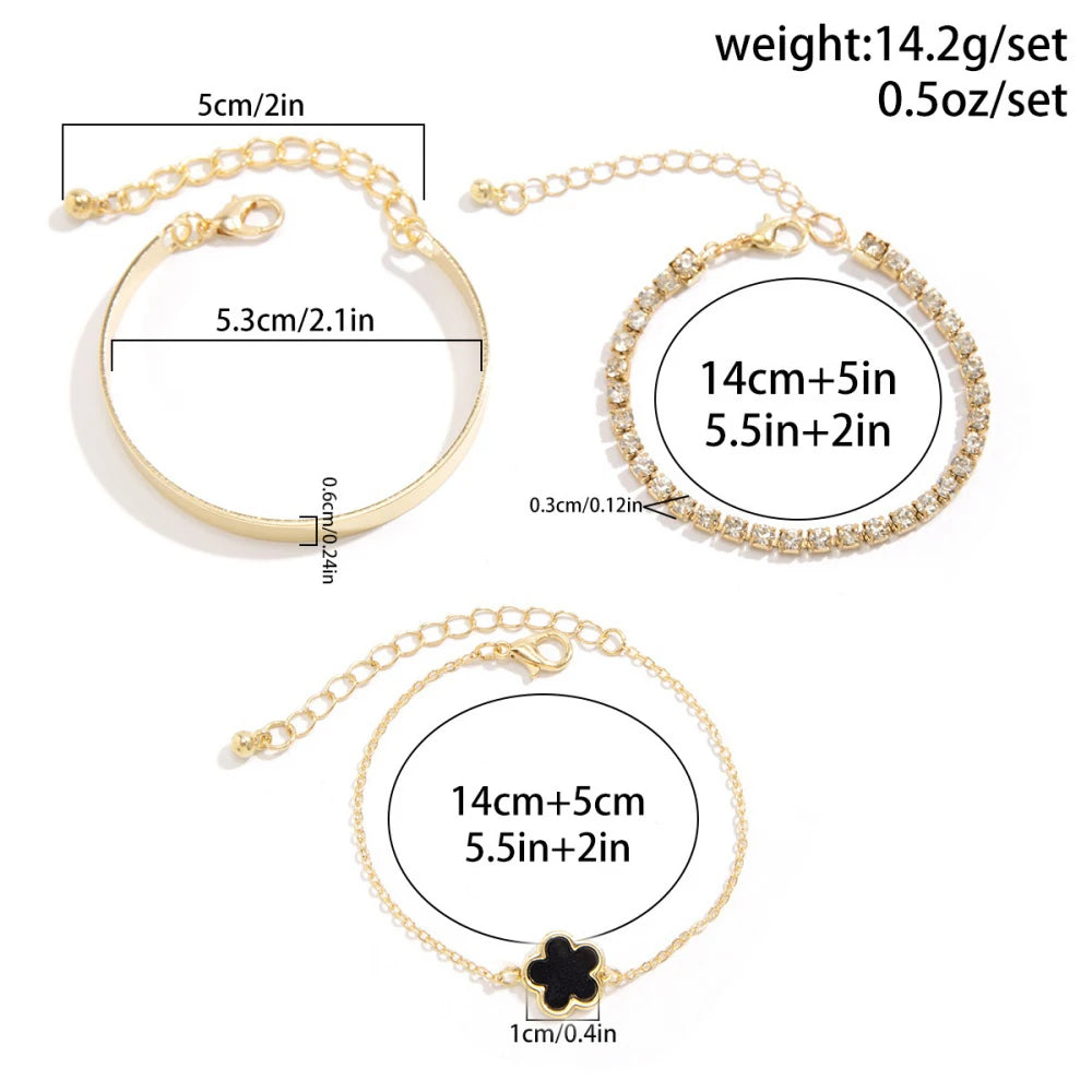 MEDFOLY 3Pcs 14K Gold Plated Lucky Flower Bracelet Set Stainless steel Crystal Zircon Tennis Bangle Hand Chains for Lover Gifts