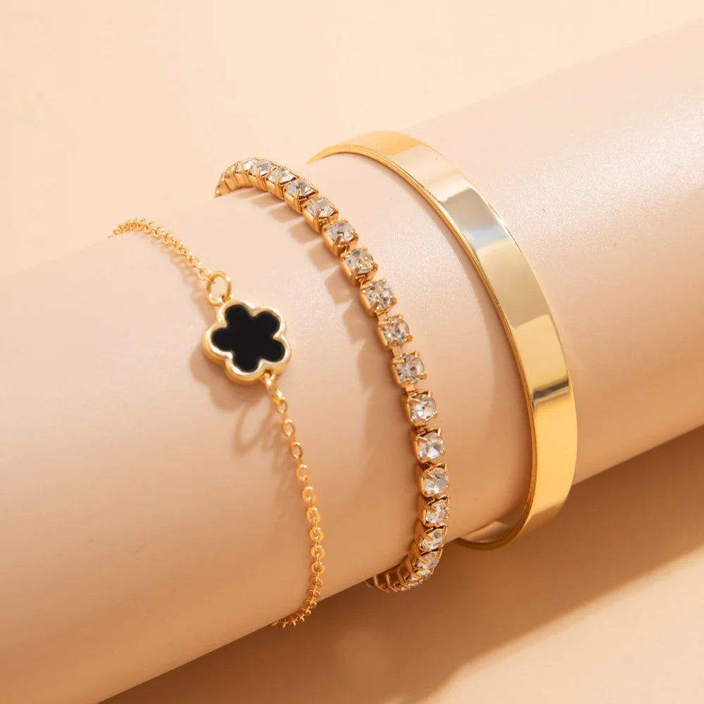 MEDFOLY 3Pcs 14K Gold Plated Lucky Flower Bracelet Set Stainless steel Crystal Zircon Tennis Bangle Hand Chains for Lover Gifts